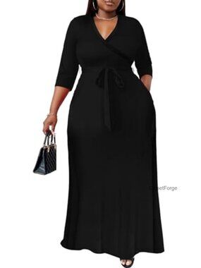 Plus Size Maxi Wrap Dress 3/4 Sleeve V-Neck Belted Flowy Casual